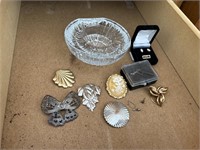 Brooches, Earrings, Crystal Dish