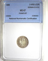 1866 3 Kreuzer NNC MS67 Frankfurt German States