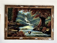 Framed Waterfall Velvet Painting, signed