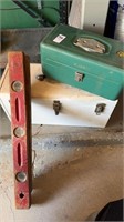 Two metal toolboxes, and two wooden levels
