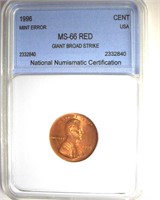 Error 1996 Cent NNC MS66 RD Giant Broad Strike