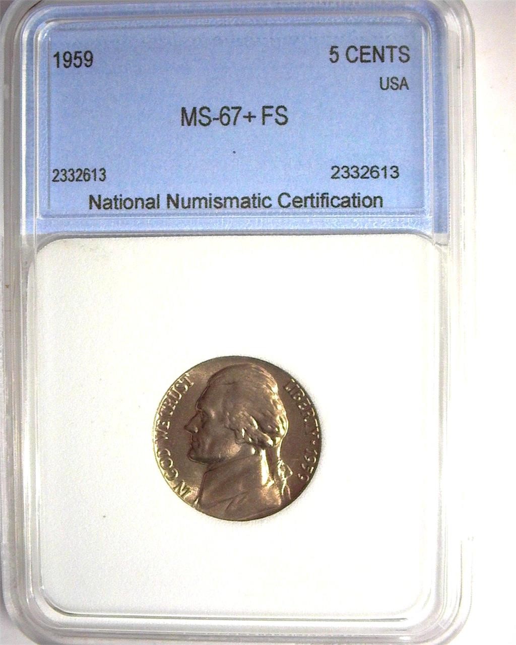 1959 Nickel MS67+ FS LISTS $4750 IN 67FS
