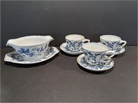 Blue Danube Gravy Boat and 3 Tea Cups with saucers