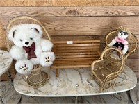 Wooden Doll Bench, 3 Wicker Doll Chairs