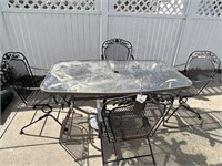 Glass Top Metal Patio Table w/ 4 Metal Chairs