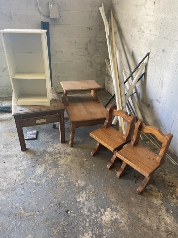 Kids chairs, end tables, shelf