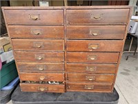 14 DRAWER WOODEN CASE 1/5 FULL OF WATCH PARTS