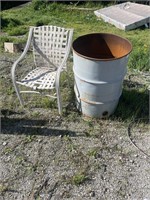 Metal trash can and chair