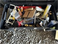 Box of assorted tools, hacksaw, paint rollers