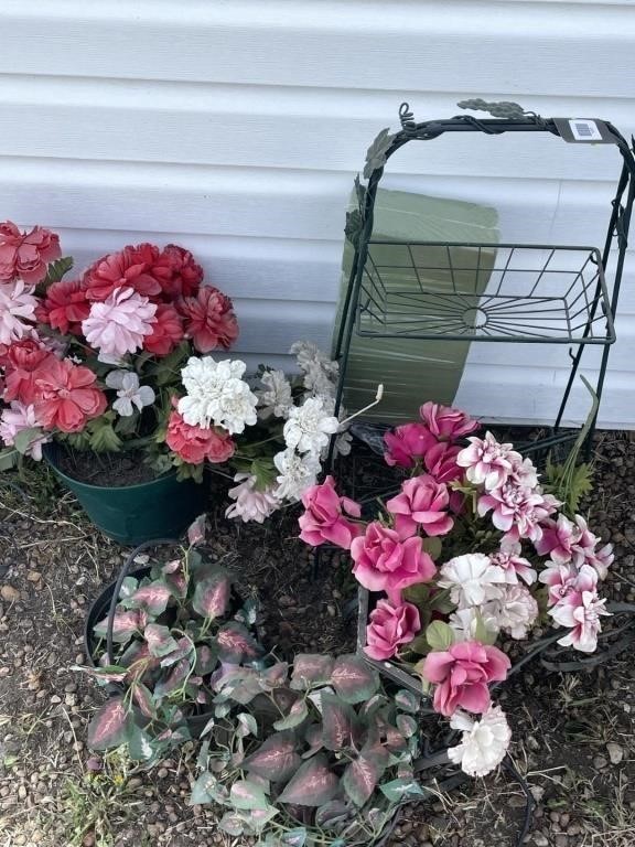 Metal Plant Stand and Planters with Faux Flowers