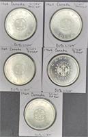 5 1964 Canada Silver Dollars Uncirculated