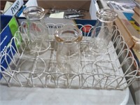 MILK GLASS BOTTLES  & A METAL RACK