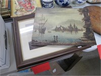 Signed Painting on Board w/2 Framed Ship Prints.