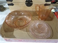 COLLECTION OF PINK DEPRESSION,PITCHER BOWL & PLATE