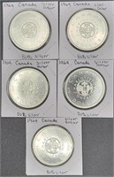 5 1964 Canada Silver Dollars Uncirculated