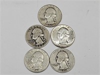5 Silver Quarters See Dates & Marks