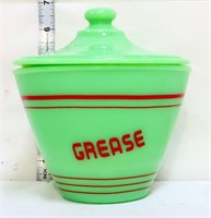 Jadeite grease jar w/ red writing