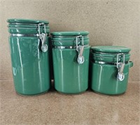 3pc. Green Ceramic Kitchen Canisters w/ 3 Spoons