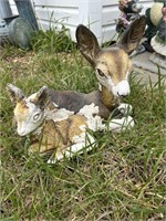 Painted Cement Doe & Fawn Lawn Sculpture