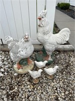 Painted Heavy Cement Chicken Family Lawn Sculpture