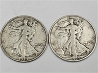1939 D Walking Liberty Silver Half Dollar Coins 2