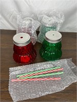 4 New Glass Christmas Tree Cups w/ Lids Straws