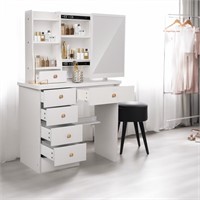 Vanity Desk with Mirror  6 Drawers (White)