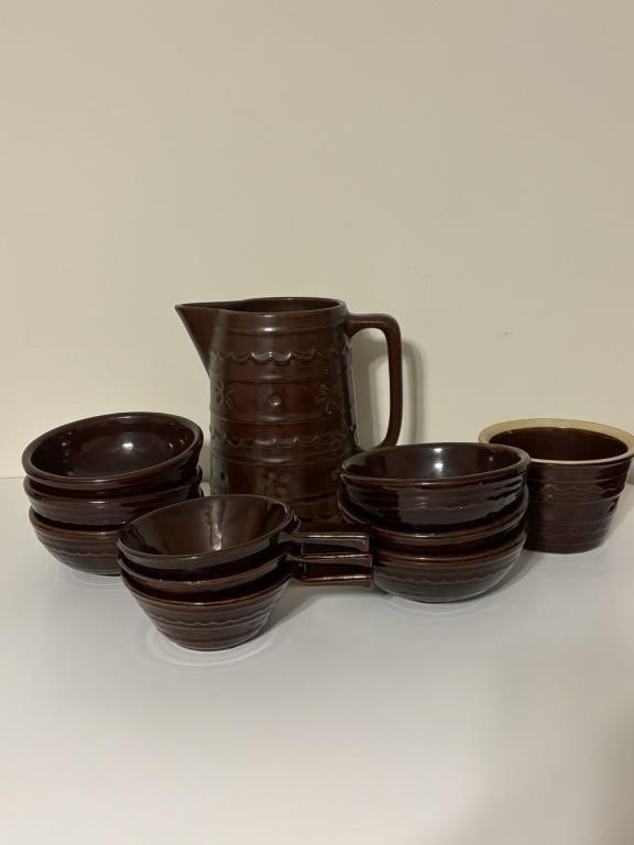 Stoneware Pottery Pitcher & Bowls