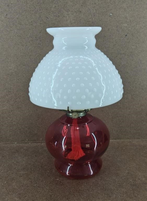 Vtg Ruby Red Glass & Hobnail Milk Glass Oil Lamp