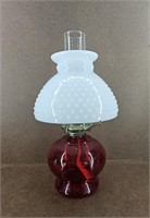 Ruby Red Glass & Hobnail Milk Glass Oil Lamp