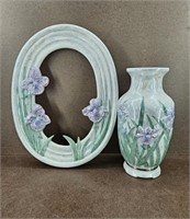 Vtg Matching Iris Ceramic Vase & Picture Frame