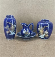 3pc. Vtg Cobalt Blue Porcelain Japanese Set