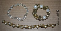 (3) Vtg Goldtone Faux Pearl + Rhinestone Bracelets