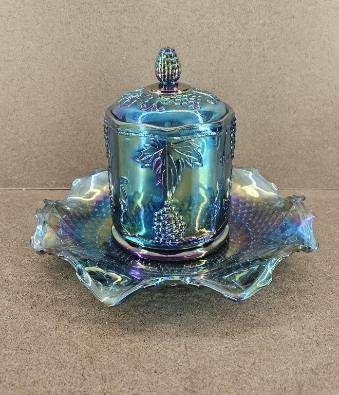2pc. Vtg Harvest Blue Carnival Glass Jar & Plate