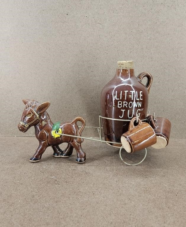 Vtg Pottery Little Brown Jug Donkey Cart w/ Cups