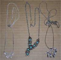 (3) Silvertone Necklaces w/ Horse, Butterfly +