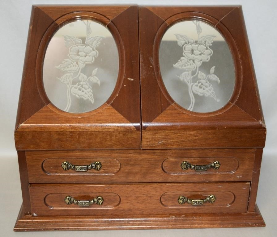 Vtg Jewelry Box w/ Etched Mirror Lid + Drawers