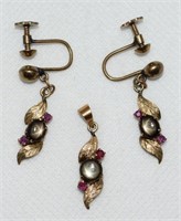 18k Gold w/ Ruby & Cabachon Pendant + Earrings