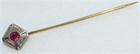 14k 2 Tone Gold Art Deco Ruby Stone Stick Pin