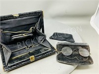 vintage leather clutch, eye glasses & purse