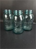 3 Vintage Blue Glass Quart Mason Jars