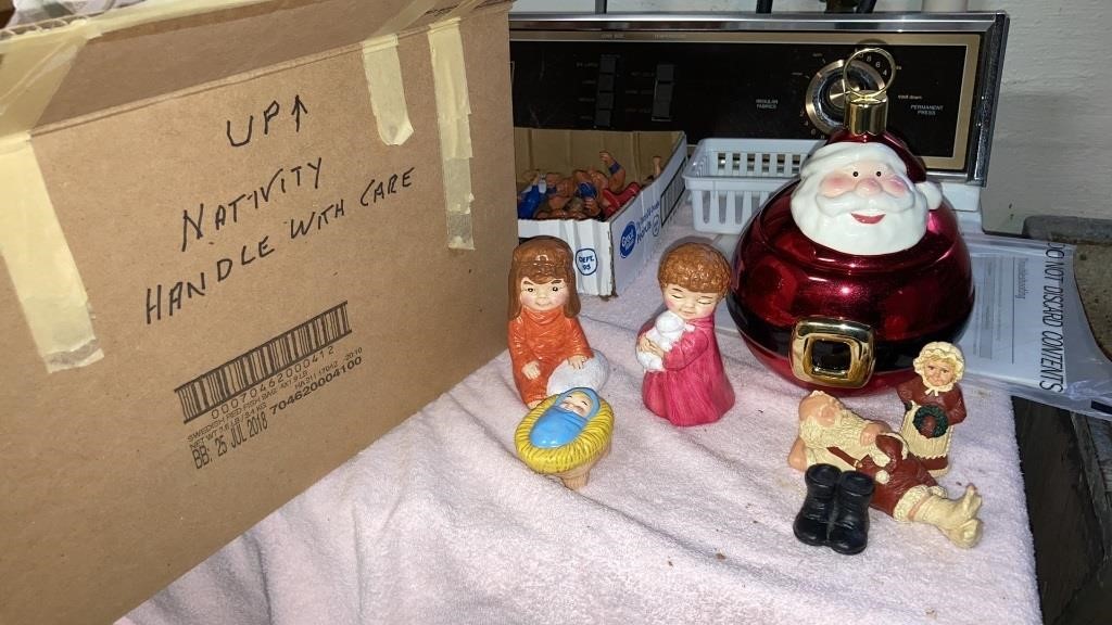 Handmade nativity set packed, Santa ice bucket &