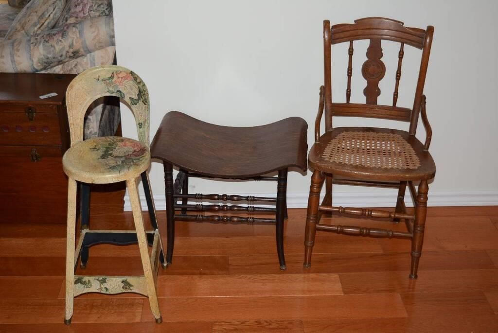 WOODEN CHAIR & 2 STOOLS