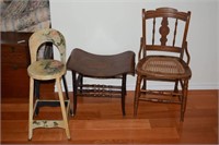 WOODEN CHAIR & 2 STOOLS