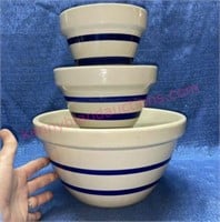 (3) Roseville OH blue stripe mixing bowls