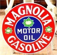 Porcelain dbl sided 24in Magnolia Gasoline sign