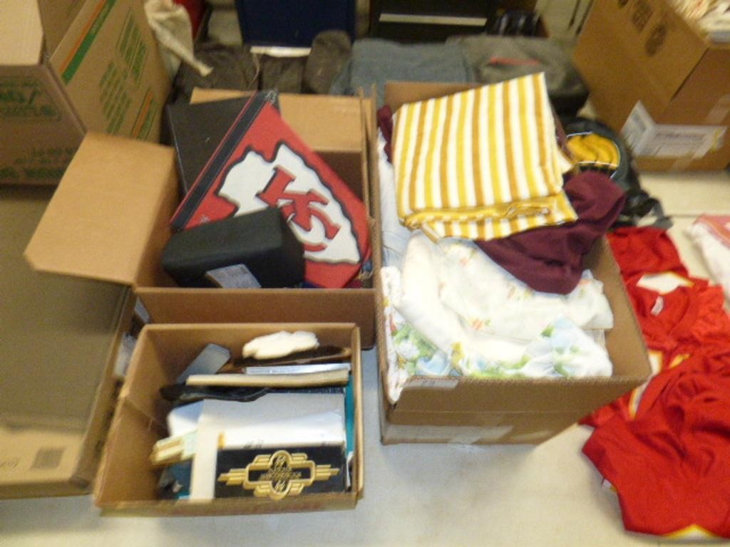 3 BOXES WITH LINENS, OFFICE SUPPLIES,