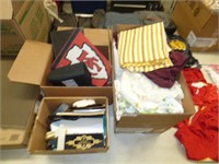 3 BOXES WITH LINENS, OFFICE SUPPLIES,