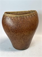BURNISH BROWN VASE DECORATOR WITH WOVEN TOP