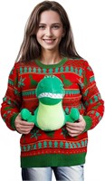 QuanYaaJoy Women's Large Dino Green Sweater